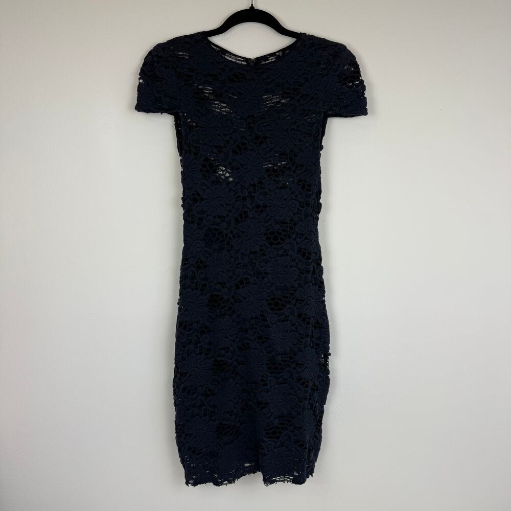 L'Agence Womens Short Sleeve Round Neck Lined Floral Lace Navy Sheath Dress 6
